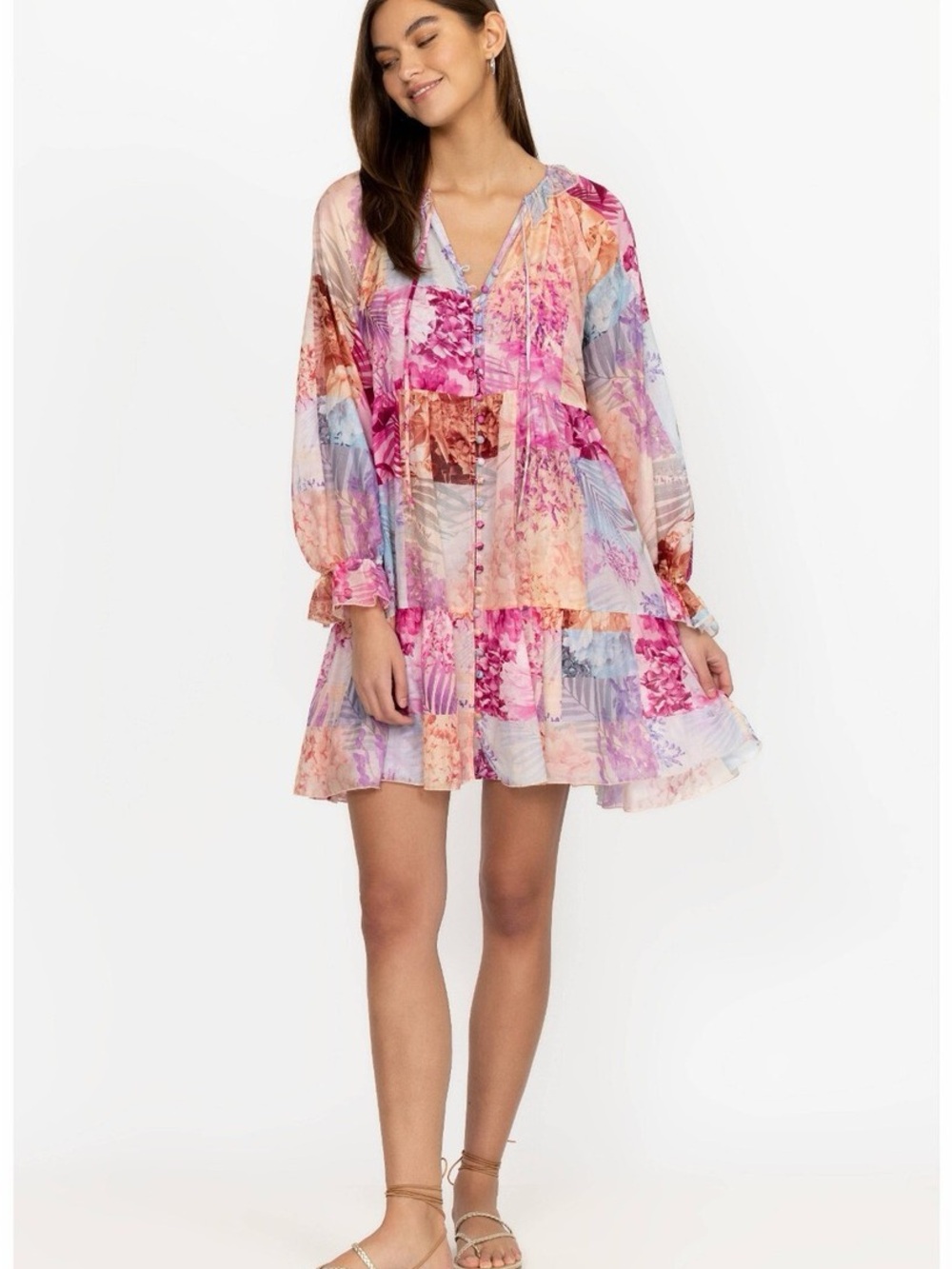Johnny Was Pink Multi Floral Patchwork Mini Dress